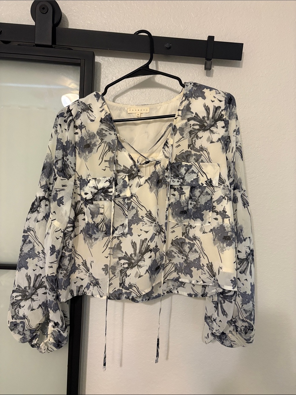 Promesa Cream Floral Lace-Up V-Neck Blouse with Gray Print